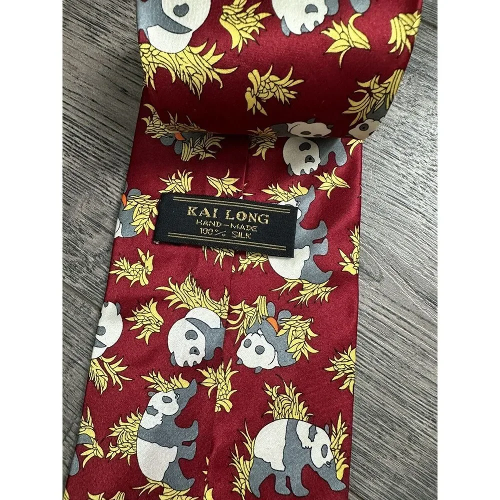 Kai Long  Panda Tie 100% Silk Hand‎ Made Burgundy Neck Tie